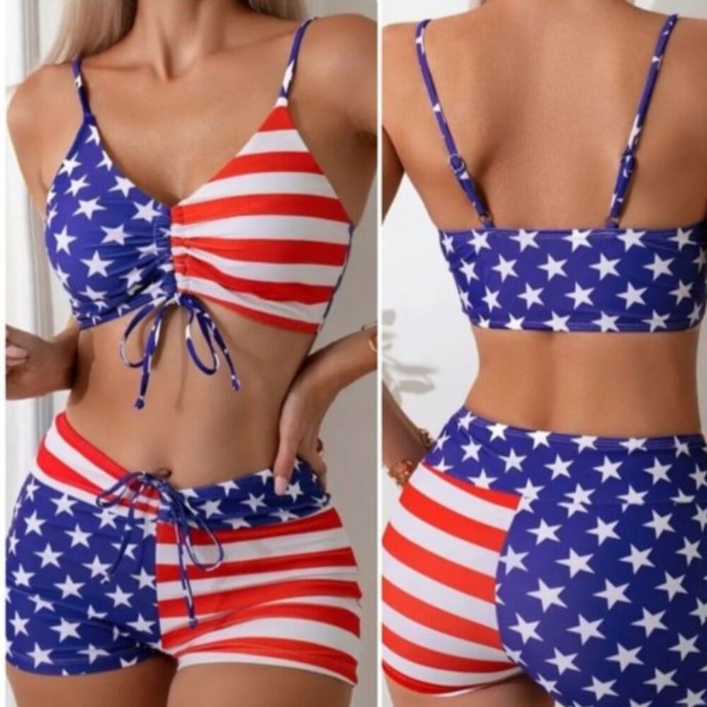 Women's Sporty Two Piece Swimsuits US Flag Halter Push Up Bathing Suit Size M